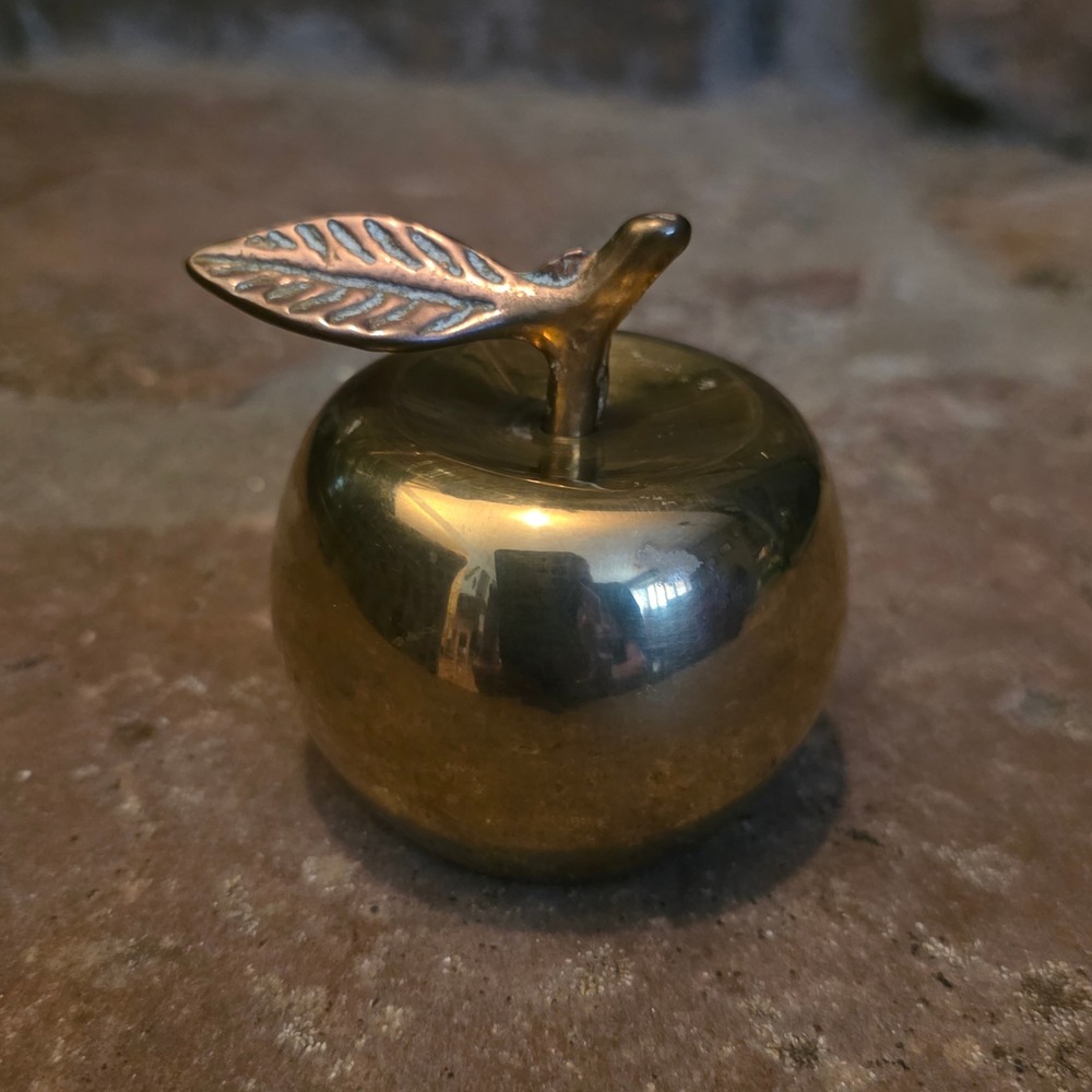 Vintage Solid Brass Apple Bell Decorative Teacher Gift Paperweight Gold Tone MCM